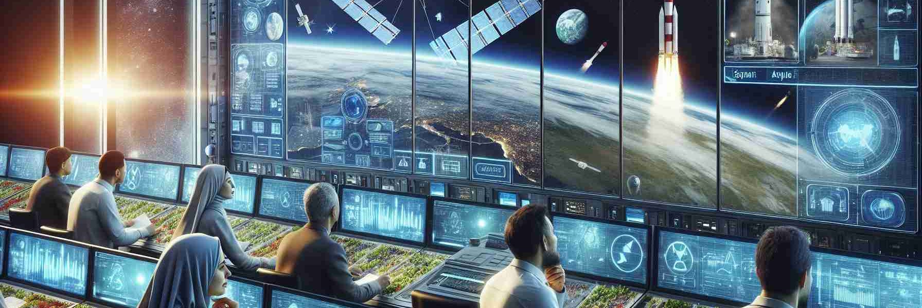 Generate a high-definition, realistic image that symbolizes collaborative steps towards sustainable space operations. The scene could include people of diverse descents and genders, such as a Middle-Eastern woman and a Hispanic man, working together in a high-tech control room. The room could be filled with screens showing satellite images, charts showing energy usage and recycling systems in place. Out the window, a representation of clean, reusable rockets and satellites orbiting Earth can be seen.