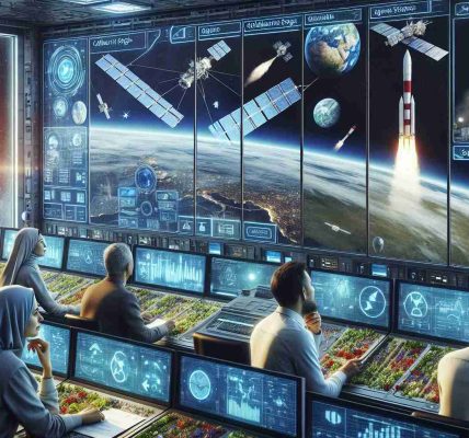 Generate a high-definition, realistic image that symbolizes collaborative steps towards sustainable space operations. The scene could include people of diverse descents and genders, such as a Middle-Eastern woman and a Hispanic man, working together in a high-tech control room. The room could be filled with screens showing satellite images, charts showing energy usage and recycling systems in place. Out the window, a representation of clean, reusable rockets and satellites orbiting Earth can be seen.