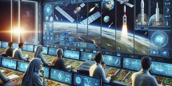 Generate a high-definition, realistic image that symbolizes collaborative steps towards sustainable space operations. The scene could include people of diverse descents and genders, such as a Middle-Eastern woman and a Hispanic man, working together in a high-tech control room. The room could be filled with screens showing satellite images, charts showing energy usage and recycling systems in place. Out the window, a representation of clean, reusable rockets and satellites orbiting Earth can be seen.