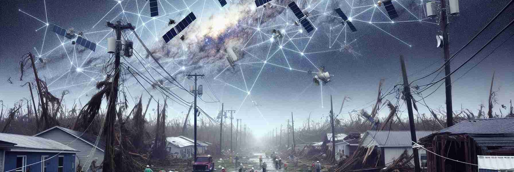 Generate a detailed and realistic image in high definition depicting the aftermath of Hurricane Helene. Show evidence of Starlink's recovery efforts by including a sky filled with satellites forming a constellation. On the ground, depict clear signs of recovery work, such as workers restoring power lines, and people rebuilding their homes.