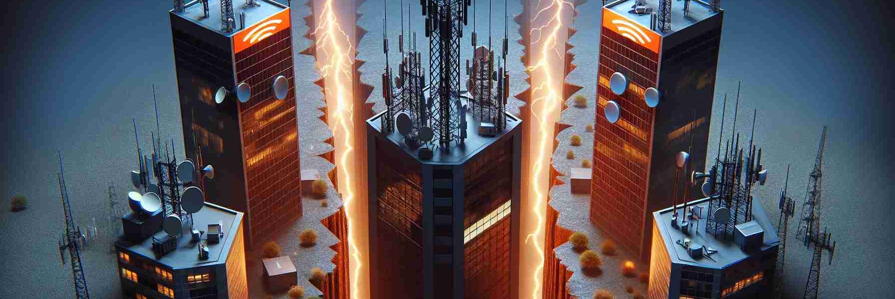 High resolution image of a visually symbolic representation of the tension between two anonymous telecommunications companies due to spectrum allocation dispute. This can be depicted through two buildings bearing the companies' logos on opposite sides of a chasm, with sparks or lightning bolts between them representing the tension and conflict.