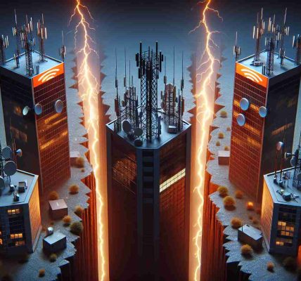 High resolution image of a visually symbolic representation of the tension between two anonymous telecommunications companies due to spectrum allocation dispute. This can be depicted through two buildings bearing the companies' logos on opposite sides of a chasm, with sparks or lightning bolts between them representing the tension and conflict.