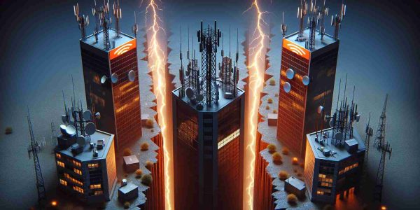 High resolution image of a visually symbolic representation of the tension between two anonymous telecommunications companies due to spectrum allocation dispute. This can be depicted through two buildings bearing the companies' logos on opposite sides of a chasm, with sparks or lightning bolts between them representing the tension and conflict.