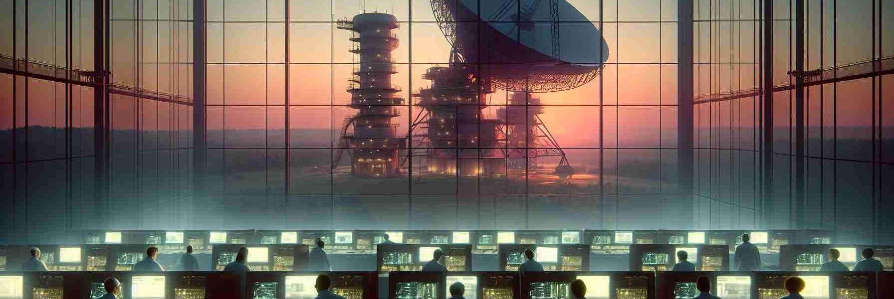 An ultra-high-resolution image featuring the Northwood Space facility, bathed in the soft light of dawn. It represents the momentous occasion of a breakthrough in satellite communication. In the foreground, several scientists of various descents and genders, are deeply engrossed in their work. Monitors light up their faces with critical data, underscoring the enormity of their discovery. Beyond them, through a large window, the silhouette of a monumental satellite dish is visible against the reddening sky. The overall mood is one of accomplishment, befitting of a significant leap in the exploration of space communication.