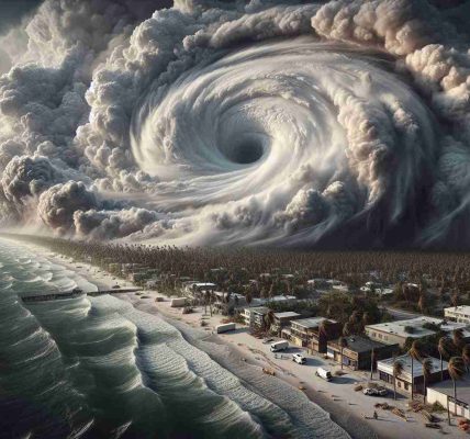 High definition realistic image of a large hurricane, named Milton, approaching the coast of Florida. Cloud formations are heavy, with ominous swirls typical of such storms, indicating its immense power. The dark, stormy sky is contrasted by the tranquil, bright coastline, which is captured in the process of urgent hurricane preparations. Buildings are being boarded up, emergency vehicles are scattered around, and residents are hastily preparing for the storm. Palm trees sway gently, providing a stark reminder of the calm before the storm.