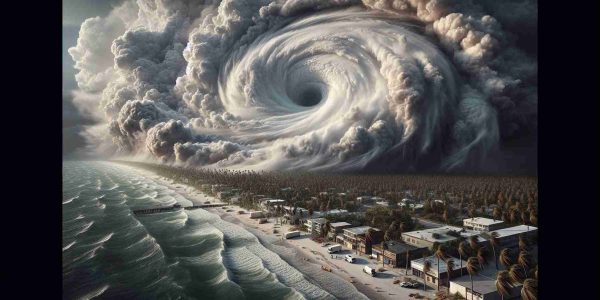 High definition realistic image of a large hurricane, named Milton, approaching the coast of Florida. Cloud formations are heavy, with ominous swirls typical of such storms, indicating its immense power. The dark, stormy sky is contrasted by the tranquil, bright coastline, which is captured in the process of urgent hurricane preparations. Buildings are being boarded up, emergency vehicles are scattered around, and residents are hastily preparing for the storm. Palm trees sway gently, providing a stark reminder of the calm before the storm.