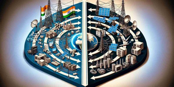 An ultra-high definition, realistic illustration demonstrating the concept of India's connectivity showdown between domestic and foreign solutions. Envision a diagram where on one side there are Indian technological symbols, like traditional telecommunication towers, satellite dishes and fiber-optic cables. On the opposite side, depict foreign technology symbols like next-generation satellites, robust servers and advanced modems. In between, imagine arrows signifying the back and forth, representing the confrontation. Make sure to add a globe in the background to signify the global aspect of the conflict.