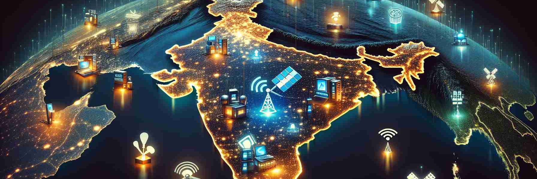 High definition, realistic illustration of India showing the acceptance of shared spectrum for satellite internet. The image should portray various cities in India, illuminated by the glow of internet connectivity made possible through satellites. Possibly include symbols or objects that represent technology, like satellites, Wi-Fi symbols, fiber optic cables, etc. to emphasize the shared spectrum of satellite internet.