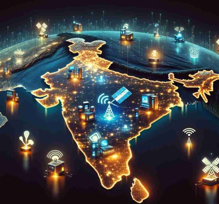 High definition, realistic illustration of India showing the acceptance of shared spectrum for satellite internet. The image should portray various cities in India, illuminated by the glow of internet connectivity made possible through satellites. Possibly include symbols or objects that represent technology, like satellites, Wi-Fi symbols, fiber optic cables, etc. to emphasize the shared spectrum of satellite internet.