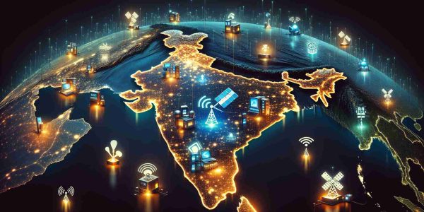 High definition, realistic illustration of India showing the acceptance of shared spectrum for satellite internet. The image should portray various cities in India, illuminated by the glow of internet connectivity made possible through satellites. Possibly include symbols or objects that represent technology, like satellites, Wi-Fi symbols, fiber optic cables, etc. to emphasize the shared spectrum of satellite internet.