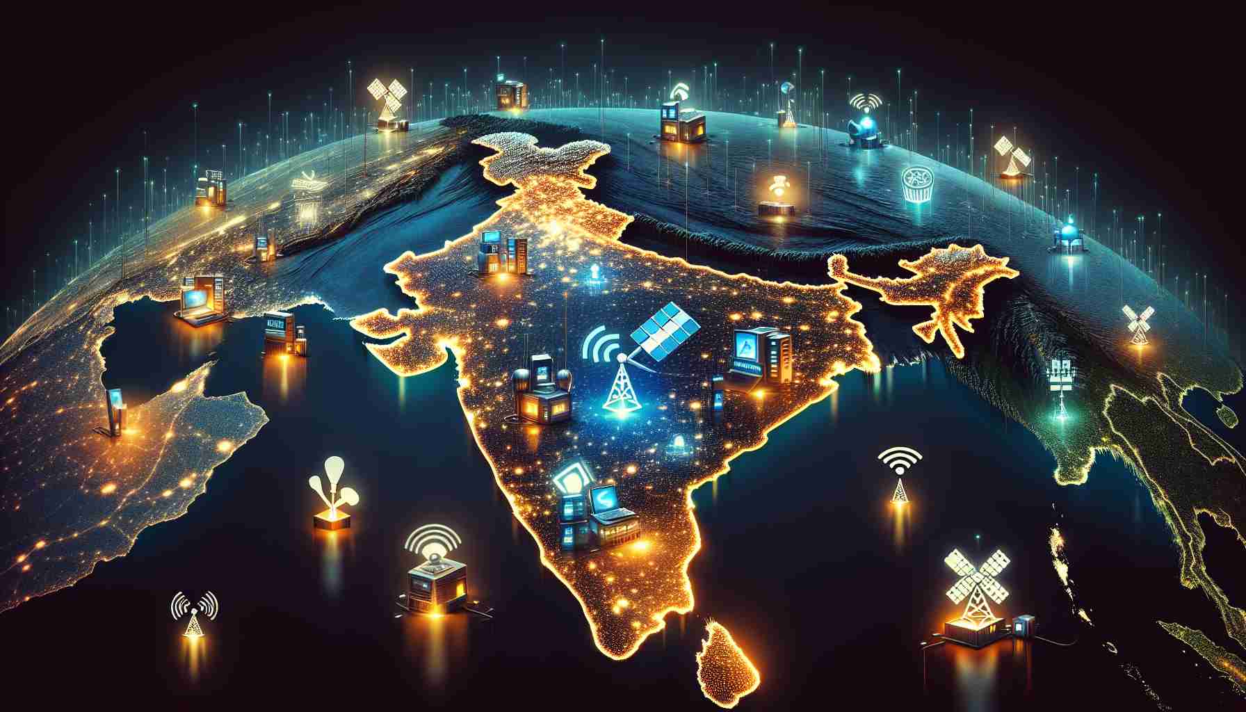 High definition, realistic illustration of India showing the acceptance of shared spectrum for satellite internet. The image should portray various cities in India, illuminated by the glow of internet connectivity made possible through satellites. Possibly include symbols or objects that represent technology, like satellites, Wi-Fi symbols, fiber optic cables, etc. to emphasize the shared spectrum of satellite internet.