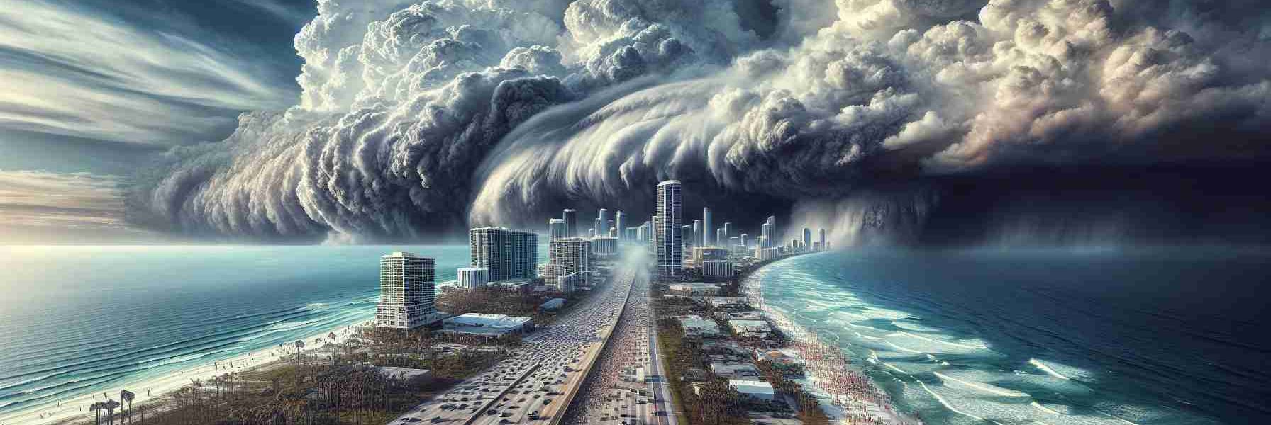 High-definition, realistic picture displaying the state of Florida in the throes of preparing for an incoming major hurricane dubbed Milton. The image should feature ominous storm clouds gathering over coastal cities, people rushing to secure their homes, and lines of cars evacuating along highways. Nature's impending fury coupled with human resilience and preparation should be a central theme.