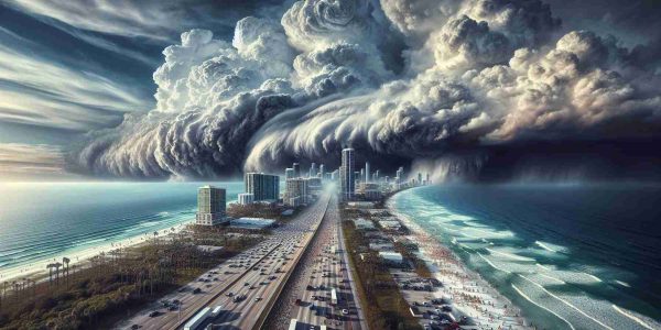 High-definition, realistic picture displaying the state of Florida in the throes of preparing for an incoming major hurricane dubbed Milton. The image should feature ominous storm clouds gathering over coastal cities, people rushing to secure their homes, and lines of cars evacuating along highways. Nature's impending fury coupled with human resilience and preparation should be a central theme.