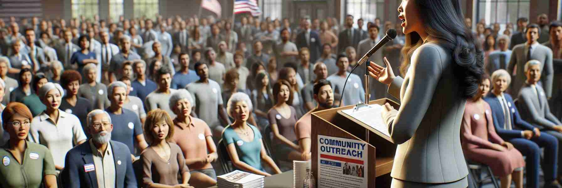 Realistic HD photo of a community outreach initiative led by a high-ranking government official. The scene takes place in a town hall filled with diverse group of citizens. The official who is an Asian female is seen passionately addressing the crowd. A table is set up with pamphlets and fliers, providing information about the initiative. This scene is set in a modern era, reflecting the commitment of the government to engage and serve all communities.