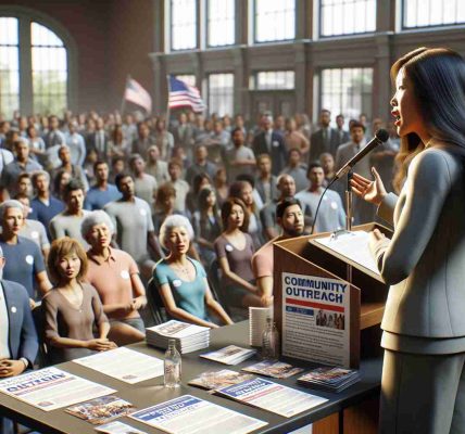 Realistic HD photo of a community outreach initiative led by a high-ranking government official. The scene takes place in a town hall filled with diverse group of citizens. The official who is an Asian female is seen passionately addressing the crowd. A table is set up with pamphlets and fliers, providing information about the initiative. This scene is set in a modern era, reflecting the commitment of the government to engage and serve all communities.