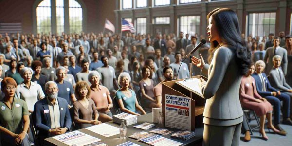 Realistic HD photo of a community outreach initiative led by a high-ranking government official. The scene takes place in a town hall filled with diverse group of citizens. The official who is an Asian female is seen passionately addressing the crowd. A table is set up with pamphlets and fliers, providing information about the initiative. This scene is set in a modern era, reflecting the commitment of the government to engage and serve all communities.