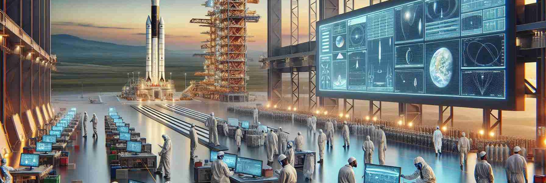 Realistic high-definition image showing India's remarkable progress in the commercial space industry. It could feature a sleek, modern spaceport bustling with activity. There may be engineers of various ethnicities and genders, including Caucasian, Hispanic, Black, Middle-Eastern and South Asian, dressed in protective gear assembling a gleaming spacecraft. A large monitor display can be showing trajectories, launch windows, and astronomical data. In the far background, the serene dusk scene depicts the towering launch pad with the rocket poised for lift-off, against a backdrop of twilight hues.