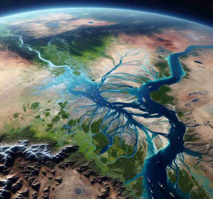 A realistic, high-definition image projecting a satellite analysis of recent flooding events in Chad, revealing a wider view of the geography affected. Please depict the rivers, lakes, and land patches, showcasing the water levels and the transformation of the landscape due to the extreme weather condition.