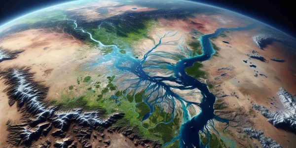 A realistic, high-definition image projecting a satellite analysis of recent flooding events in Chad, revealing a wider view of the geography affected. Please depict the rivers, lakes, and land patches, showcasing the water levels and the transformation of the landscape due to the extreme weather condition.