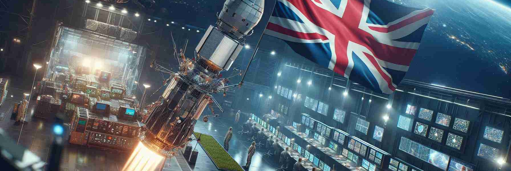 Realistic, high-definition image of the concept of the United Kingdom strengthening its space military capabilities. This could entail a scene of a state-of-the-art satellite being launched into space, with the Union Jack flag adorning it, symbolizing the country's space efforts. It could also include futuristic control rooms filled with advanced technology equipment and dedicated staff diligently working around the clock. Keep the image as neutral as possible without implying any form of aggression or threat.