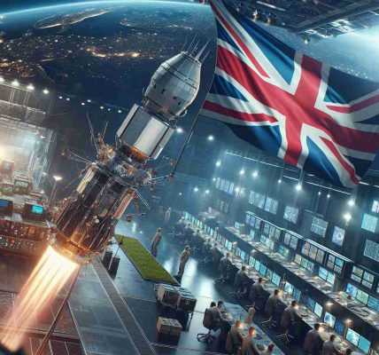 Realistic, high-definition image of the concept of the United Kingdom strengthening its space military capabilities. This could entail a scene of a state-of-the-art satellite being launched into space, with the Union Jack flag adorning it, symbolizing the country's space efforts. It could also include futuristic control rooms filled with advanced technology equipment and dedicated staff diligently working around the clock. Keep the image as neutral as possible without implying any form of aggression or threat.