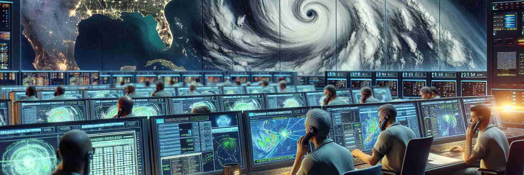 A detailed and realistic high-definition image. This shows a communication technology, referred to as 'Starlink Cellular', being activated for emergency services. They are preparing ahead of an impending storm named Hurricane Milton. The scene captures busy technicians monitoring data flow on multiple computer screens in a control room. Panicked yet determined faces are lit up by the glow of their screens. Maps predicting the hurricane's path, coupled with the starry backdrop of outer space, create a juxtaposition of terrestrial concern and extraterrestrial solution. The action taking place in the image is urgent: mitigate the impending disaster.