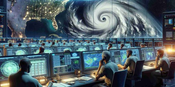 A detailed and realistic high-definition image. This shows a communication technology, referred to as 'Starlink Cellular', being activated for emergency services. They are preparing ahead of an impending storm named Hurricane Milton. The scene captures busy technicians monitoring data flow on multiple computer screens in a control room. Panicked yet determined faces are lit up by the glow of their screens. Maps predicting the hurricane's path, coupled with the starry backdrop of outer space, create a juxtaposition of terrestrial concern and extraterrestrial solution. The action taking place in the image is urgent: mitigate the impending disaster.