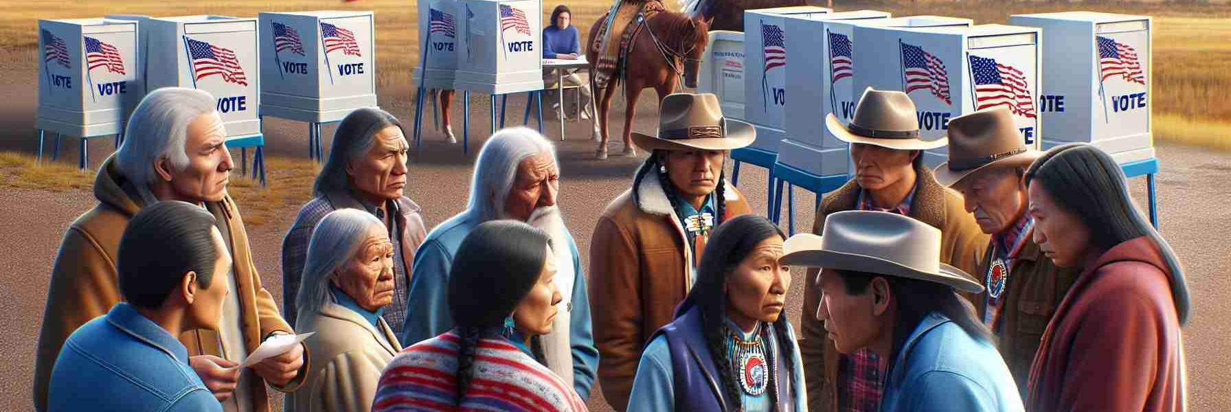 High-definition, realistic image of Native American individuals in Montana encountering challenges with voting accessibility. Foreground should show a group of Native American individuals in discussion, with a range of expressions displaying concern. Background can depict elements that symbolize voting challenges such as a distant voting booth, intimidating paperwork, or complicated transportation routes. Human characters should represent a spectrum of age groups and genders.