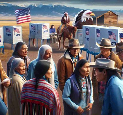 High-definition, realistic image of Native American individuals in Montana encountering challenges with voting accessibility. Foreground should show a group of Native American individuals in discussion, with a range of expressions displaying concern. Background can depict elements that symbolize voting challenges such as a distant voting booth, intimidating paperwork, or complicated transportation routes. Human characters should represent a spectrum of age groups and genders.