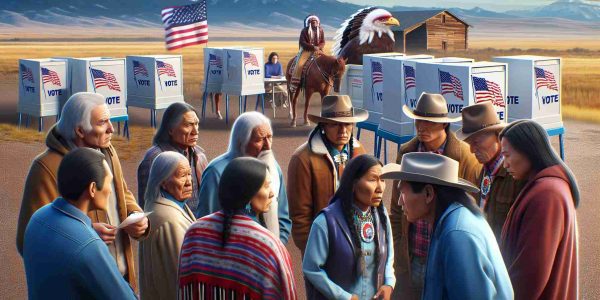 High-definition, realistic image of Native American individuals in Montana encountering challenges with voting accessibility. Foreground should show a group of Native American individuals in discussion, with a range of expressions displaying concern. Background can depict elements that symbolize voting challenges such as a distant voting booth, intimidating paperwork, or complicated transportation routes. Human characters should represent a spectrum of age groups and genders.