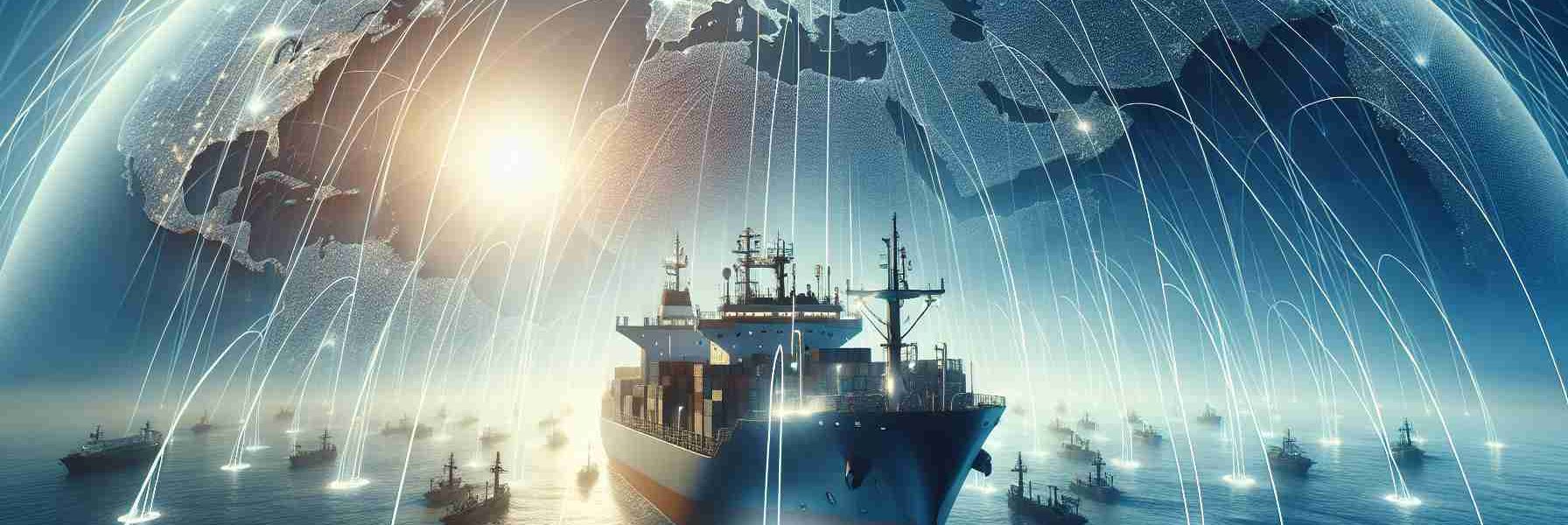 A realistic high-definition image capturing the concept of 'Navigating the Future: The Growing Maritime VSAT Market'. Depict a three-dimensional maritime global map, crisscrossed with data streams representing the VSAT network. Include an ocean-going ship equipped with a high-tech antenna for VSAT communication. Ensure signs of growth and expansion, like increasing data lines and emerging points of connection. The overall scene should evoke a sense of progress and technological advancement within the maritime VSAT industry.