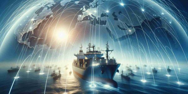 A realistic high-definition image capturing the concept of 'Navigating the Future: The Growing Maritime VSAT Market'. Depict a three-dimensional maritime global map, crisscrossed with data streams representing the VSAT network. Include an ocean-going ship equipped with a high-tech antenna for VSAT communication. Ensure signs of growth and expansion, like increasing data lines and emerging points of connection. The overall scene should evoke a sense of progress and technological advancement within the maritime VSAT industry.