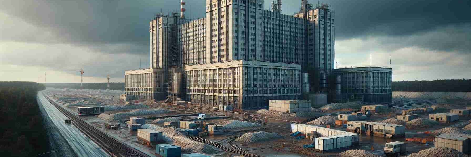 Realistic high-definition photo of an expansion construction site near a scientific biolab building, typical of the Soviet-era architecture in Russia, with a gloomy sky in the backdrop adding to the escalating concerns