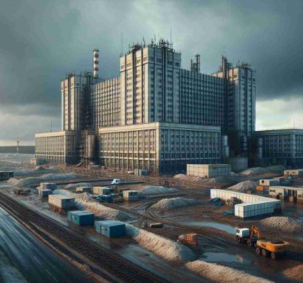 Realistic high-definition photo of an expansion construction site near a scientific biolab building, typical of the Soviet-era architecture in Russia, with a gloomy sky in the backdrop adding to the escalating concerns