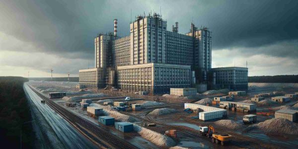 Realistic high-definition photo of an expansion construction site near a scientific biolab building, typical of the Soviet-era architecture in Russia, with a gloomy sky in the backdrop adding to the escalating concerns