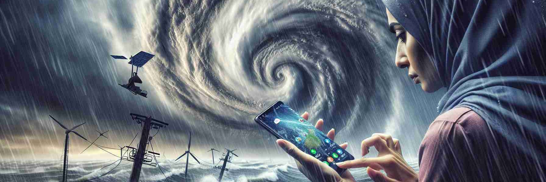 Generate a realistic, high-definition image depicting the scenario of staying connected during a natural disaster like Hurricane Milton. The focus should be on the usage of satellite features of a generic modern smartphone, not specifically any brand or model. The image should include elements such as storm clouds in the background, heavy rainfall, wind, and a person using their smartphone. The person should be a Middle-Eastern female to ensure diversity. This image does not imply endorsement of any specific brand or product.