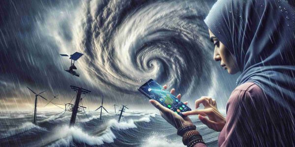 Generate a realistic, high-definition image depicting the scenario of staying connected during a natural disaster like Hurricane Milton. The focus should be on the usage of satellite features of a generic modern smartphone, not specifically any brand or model. The image should include elements such as storm clouds in the background, heavy rainfall, wind, and a person using their smartphone. The person should be a Middle-Eastern female to ensure diversity. This image does not imply endorsement of any specific brand or product.