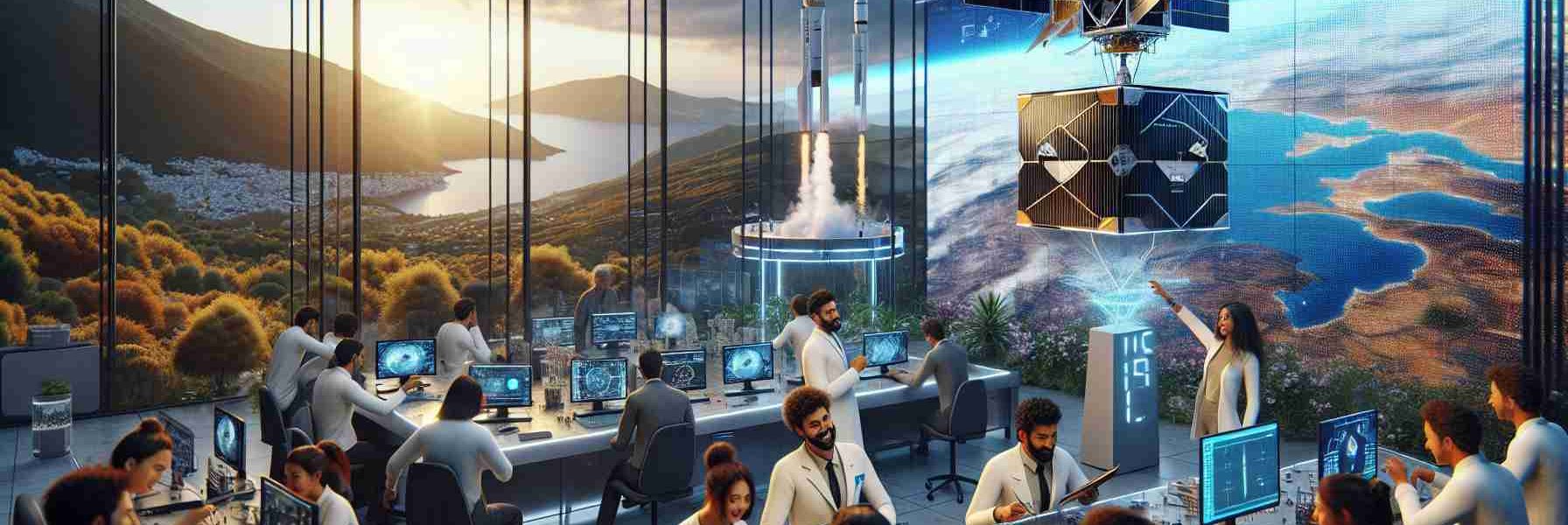 A realistically detailed high-definition image depicting the progress of Greece's space initiatives. The focal point is an innovative collaboration involving CubeSat. The scene captures the excitement and pride of the scientists, composed of South Asian men and Black women, as they work on the miniature satellites in a modern space lab filled with cutting-edge technology. Additionally, there should be a digital screen featuring 3D renderings of the CubeSat. The background could feature the beautiful landscape of Greece, visible through a large glass window, providing a vivid contrast between the modernity of space exploration and the timeless beauty of Greece.