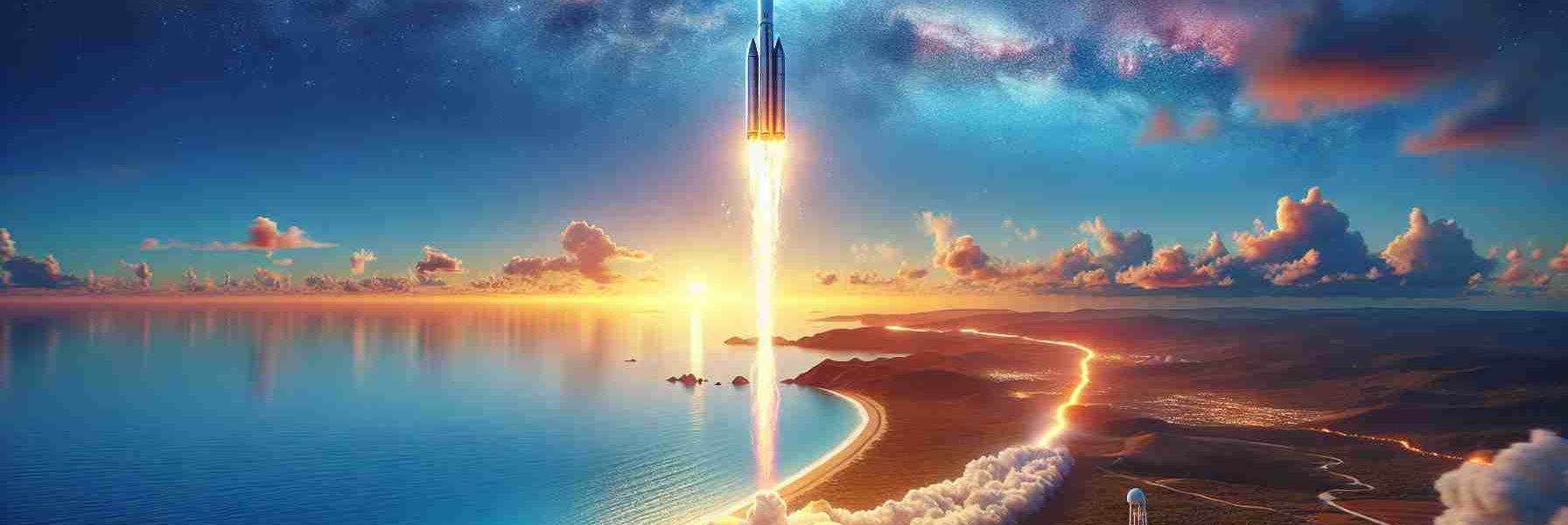 Generate a highly detailed, lifelike image representing 'Success in the Skies'. This could depict a scene of a generic private aerospace company's most recent rocket launch, showing the rocket soaring through a vibrant blue sky, leaving a fiery trail behind it. The landscape below should be a remote launch pad near the coastline. The rocket should be sleek and futuristic, symbolizing the pinnacle of current space technology.