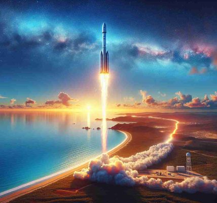 Generate a highly detailed, lifelike image representing 'Success in the Skies'. This could depict a scene of a generic private aerospace company's most recent rocket launch, showing the rocket soaring through a vibrant blue sky, leaving a fiery trail behind it. The landscape below should be a remote launch pad near the coastline. The rocket should be sleek and futuristic, symbolizing the pinnacle of current space technology.