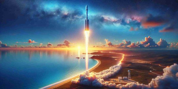 Generate a highly detailed, lifelike image representing 'Success in the Skies'. This could depict a scene of a generic private aerospace company's most recent rocket launch, showing the rocket soaring through a vibrant blue sky, leaving a fiery trail behind it. The landscape below should be a remote launch pad near the coastline. The rocket should be sleek and futuristic, symbolizing the pinnacle of current space technology.