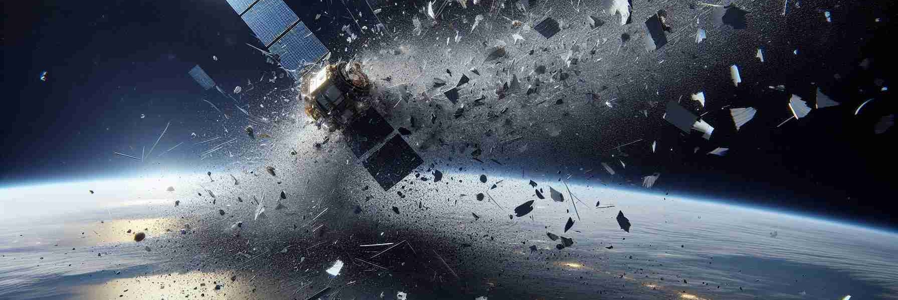 Realistic, high-definition image of a satellite disaster scenario unfolding in space. The event includes the catastrophic fragmentation of a satellite, leading to an increased amount of space debris. The scene captures the moment as remnants of the shattered satellite, varying in size from small fractional fragments to larger pieces, disperse into the openness of space. The emphasis of the image is on highlighting the issue of escalating space debris concerns. The picture also includes a distant view of Earth and the vast expanse of stars in the background.