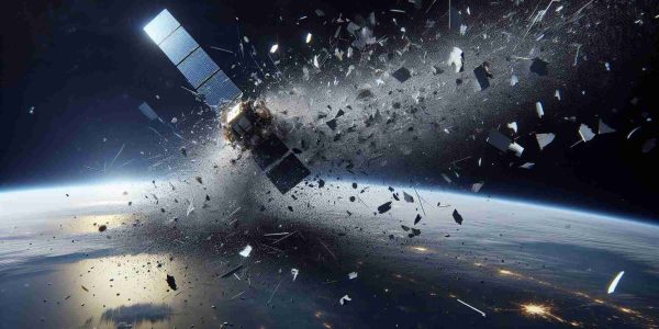 Realistic, high-definition image of a satellite disaster scenario unfolding in space. The event includes the catastrophic fragmentation of a satellite, leading to an increased amount of space debris. The scene captures the moment as remnants of the shattered satellite, varying in size from small fractional fragments to larger pieces, disperse into the openness of space. The emphasis of the image is on highlighting the issue of escalating space debris concerns. The picture also includes a distant view of Earth and the vast expanse of stars in the background.