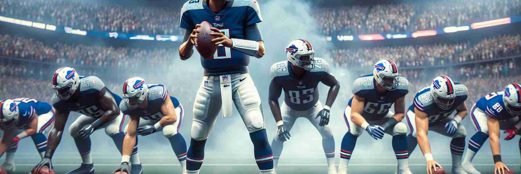 High-definition, realistic image of a football scene showcasing the Quarterback change during a game between the Titans and Bills. Note that the actual player Levis is not depicted in the image. Instead, focus on capturing an unidentified football player in the Quarterback position wearing the Titans' uniform, preparing to face an opposing team dressed in the Bills' uniform. Capturing the intense atmosphere, excitement, and anticipation present during such significant moments of the game.