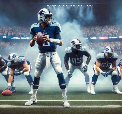 High-definition, realistic image of a football scene showcasing the Quarterback change during a game between the Titans and Bills. Note that the actual player Levis is not depicted in the image. Instead, focus on capturing an unidentified football player in the Quarterback position wearing the Titans' uniform, preparing to face an opposing team dressed in the Bills' uniform. Capturing the intense atmosphere, excitement, and anticipation present during such significant moments of the game.