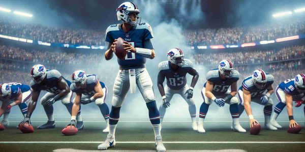 High-definition, realistic image of a football scene showcasing the Quarterback change during a game between the Titans and Bills. Note that the actual player Levis is not depicted in the image. Instead, focus on capturing an unidentified football player in the Quarterback position wearing the Titans' uniform, preparing to face an opposing team dressed in the Bills' uniform. Capturing the intense atmosphere, excitement, and anticipation present during such significant moments of the game.