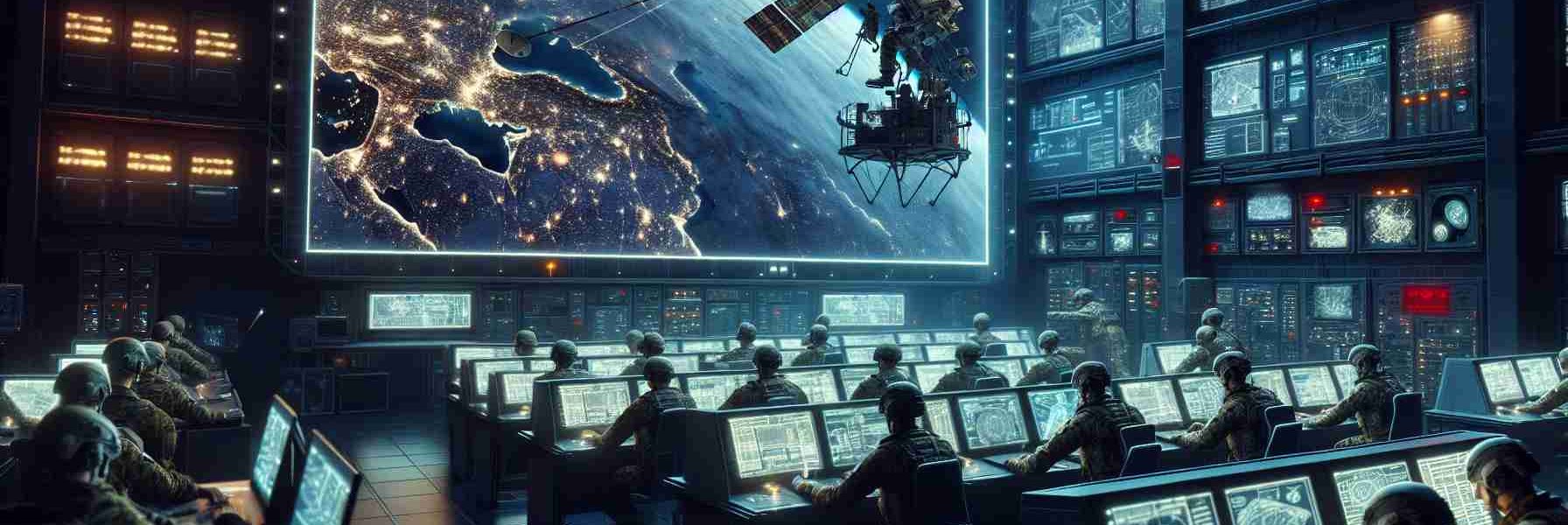 A high-definition illustration that showcases Russian Armed Forces utilizing advanced satellite technology to enhance warfare tactics. The scene shows soldiers in modern military uniform using advanced equipment, with the satellite image being projected on a large screen. The room is dimly lit, filled with cutting-edge electronic equipment and maps. A satellite is also pictured in space, transmitting data back to ground control. Remember, this is a fictional representation that does not imply the real-life use of unauthorized technology.