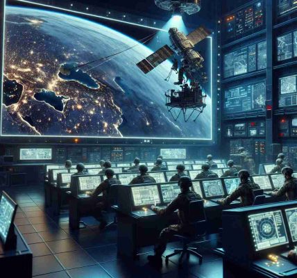 A high-definition illustration that showcases Russian Armed Forces utilizing advanced satellite technology to enhance warfare tactics. The scene shows soldiers in modern military uniform using advanced equipment, with the satellite image being projected on a large screen. The room is dimly lit, filled with cutting-edge electronic equipment and maps. A satellite is also pictured in space, transmitting data back to ground control. Remember, this is a fictional representation that does not imply the real-life use of unauthorized technology.