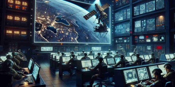 A high-definition illustration that showcases Russian Armed Forces utilizing advanced satellite technology to enhance warfare tactics. The scene shows soldiers in modern military uniform using advanced equipment, with the satellite image being projected on a large screen. The room is dimly lit, filled with cutting-edge electronic equipment and maps. A satellite is also pictured in space, transmitting data back to ground control. Remember, this is a fictional representation that does not imply the real-life use of unauthorized technology.