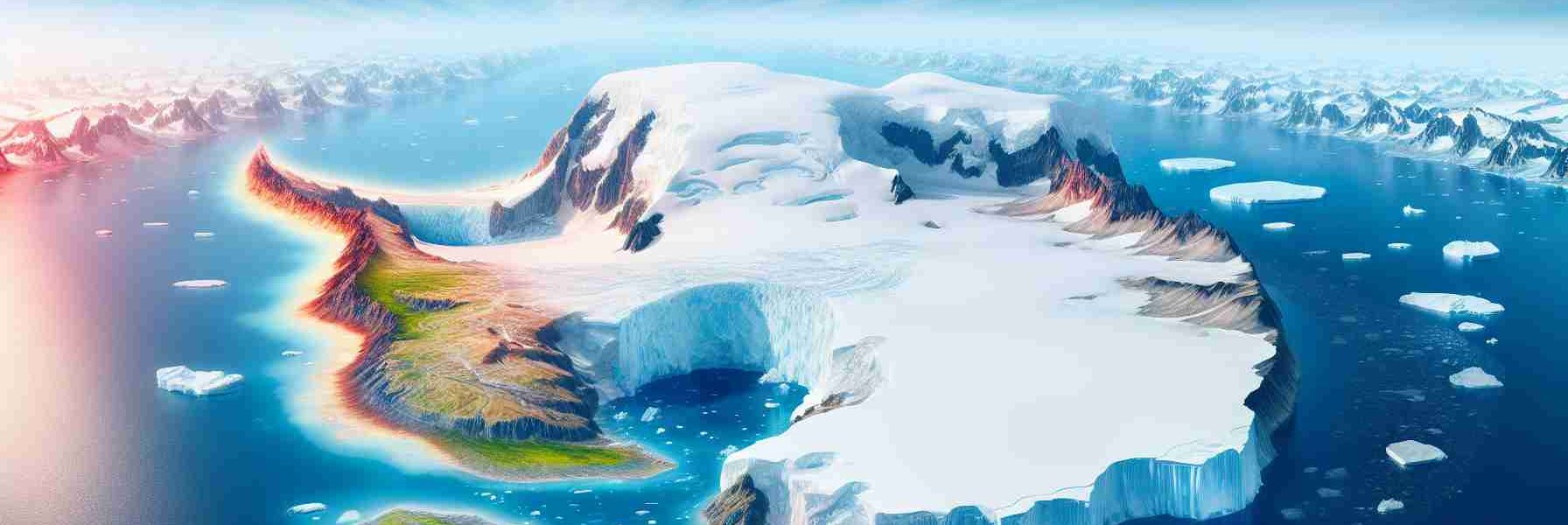 Realistic high definition depiction of the significant changes in Antarctica's climate over time. The image should vividly show the formerly pristine, white ice cap being gradually replaced by meltwater lakes and barren land. Possibly, show an increase in native vegetation growth due to global warming. It should include the gradually retreating ice shelves, increased open water indicating sea ice loss, and a bluer sky representing a warmer climate.